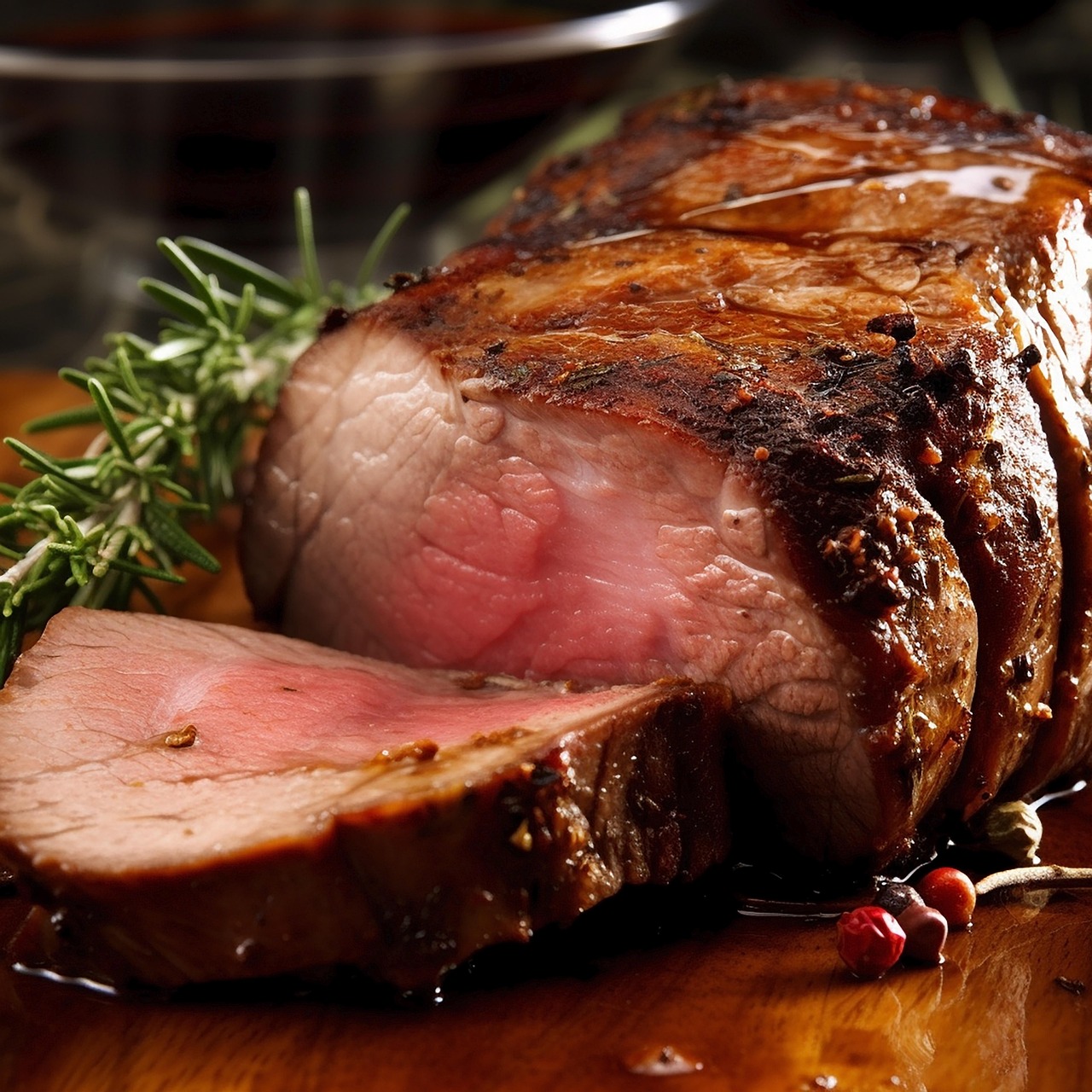 Arrosto tenero e succoso su un piatto, con contorni colorati e una salsa appetitosa.